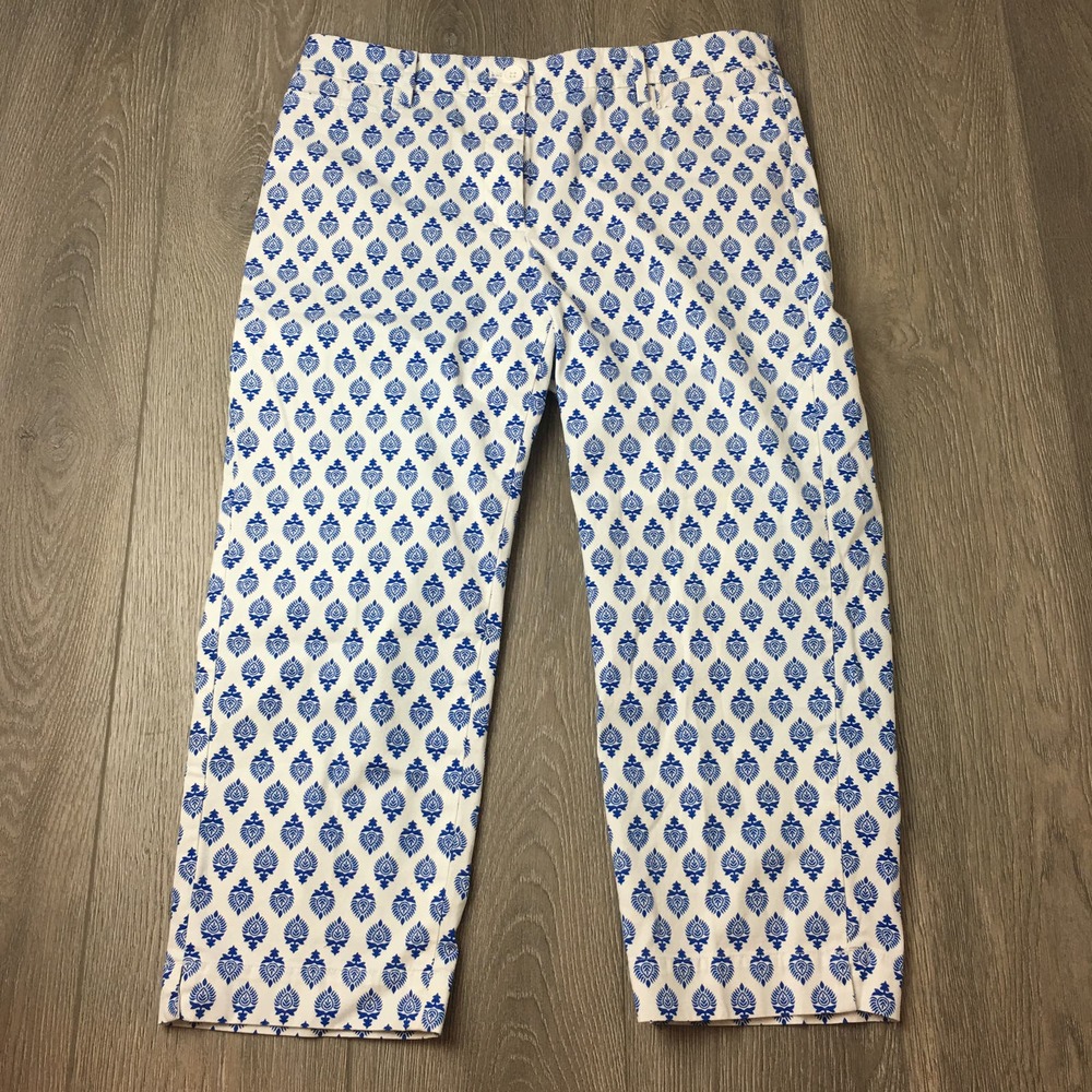 Talbots Perfect Skimmer Fan Foulard Pattern Slim Fit Blue White Size 6